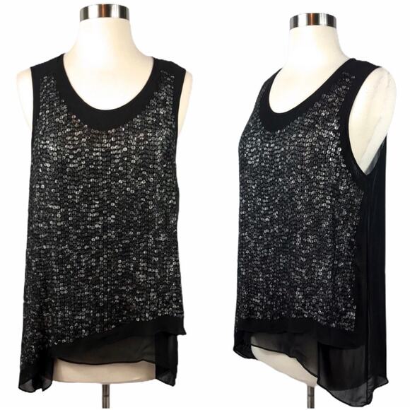LOLA & SOPHIE Black Sequins Blouse Chiffon Layers Sheer Embellished Top Small EC - Picture 8 of 8